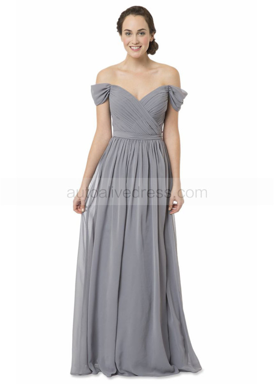 A-line V Neck Off Shoulder Gray Chiffon Bridesmaid Dress